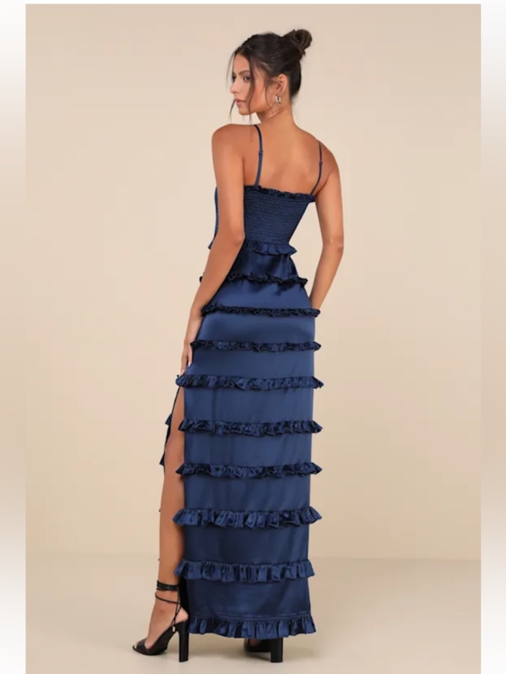 NWT Lulus Sincerely Fabulous Navy Blue Satin Smocked Ruffled Maxi Dress - Picture 2 of 7